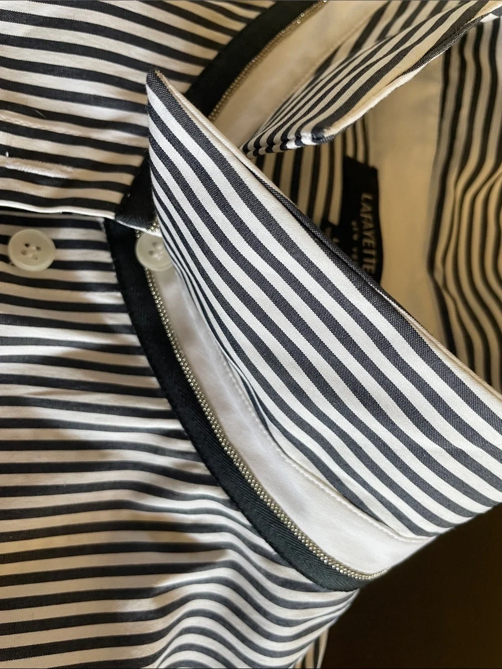 Lafayette 148 New York Women’s Navy and White Striped Dress Shirt/ Monili - Picture 3 of 10